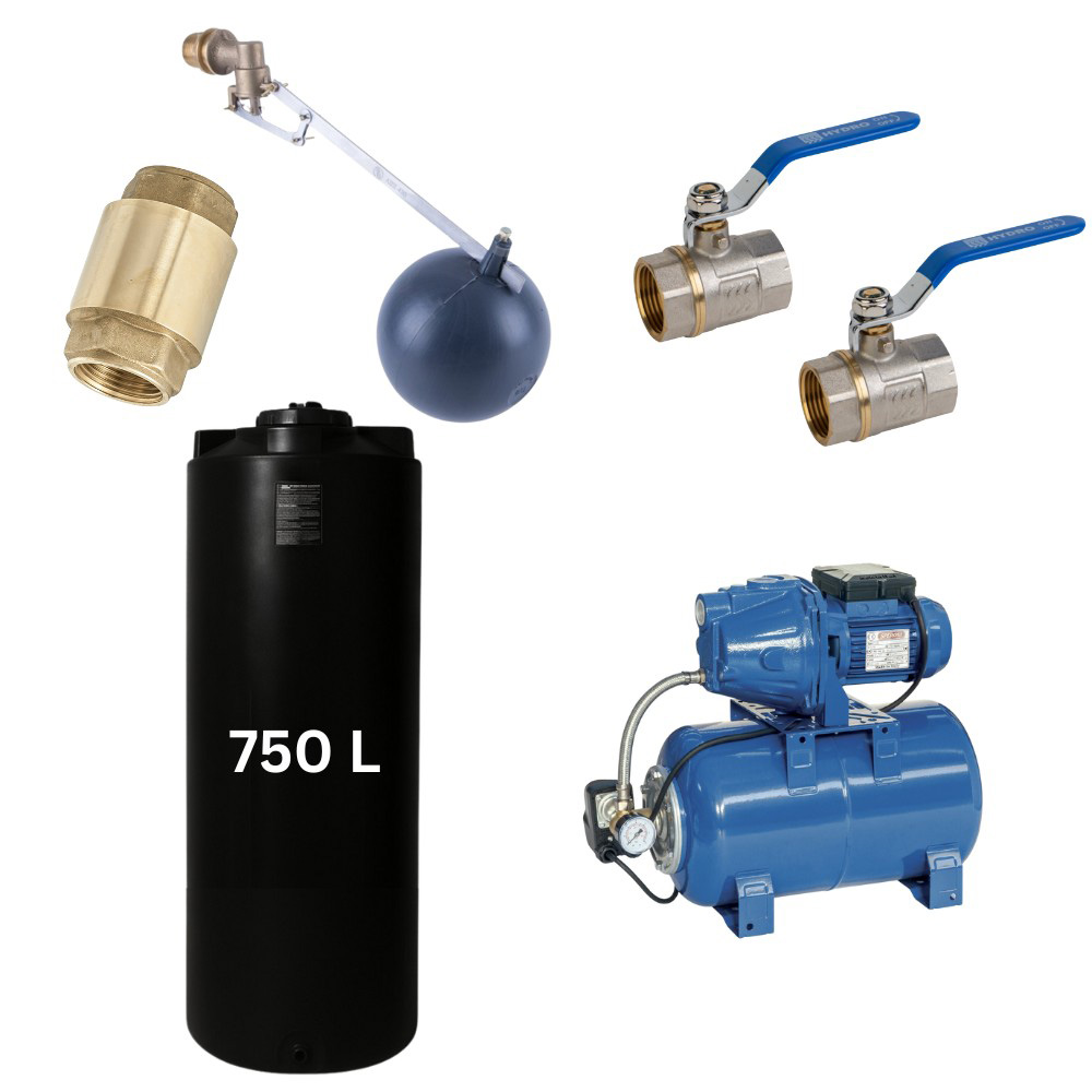 Kit „Eau potable 750L“ avec réservoir d’eau Mavil (noir, cylindrique) et pompe hydrophore Speroni | Réservoirs d'eau potable |  |
