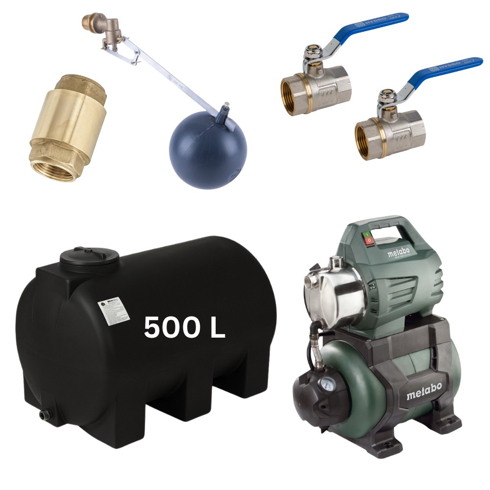 Kit „Eau potable 500L“ #2 avec réservoir d’eau Mavil (noir, horizontal) et pompe hydrophore Metabo | Réservoirs d'eau potable |  |