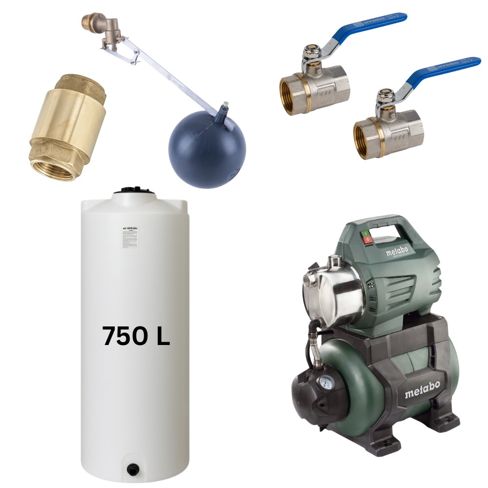Kit „Eau potable 750L“ avec réservoir d’eau Mavil (blanc, cylindrique) et pompe hydrophore Metabo | Réservoirs d'eau potable |  |