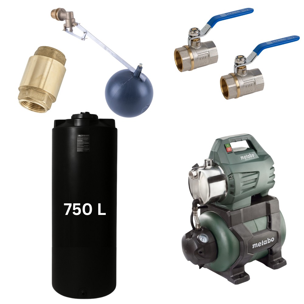 Kit „Eau potable 750L“ avec réservoir d’eau Mavil (noir, cylindrique) et pompe hydrophore Metabo | Réservoirs d'eau potable |  |