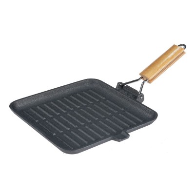 Poêle grill en fonte avec manche en bois pliable, 24 x 24 cm - Poêle grill en fonte