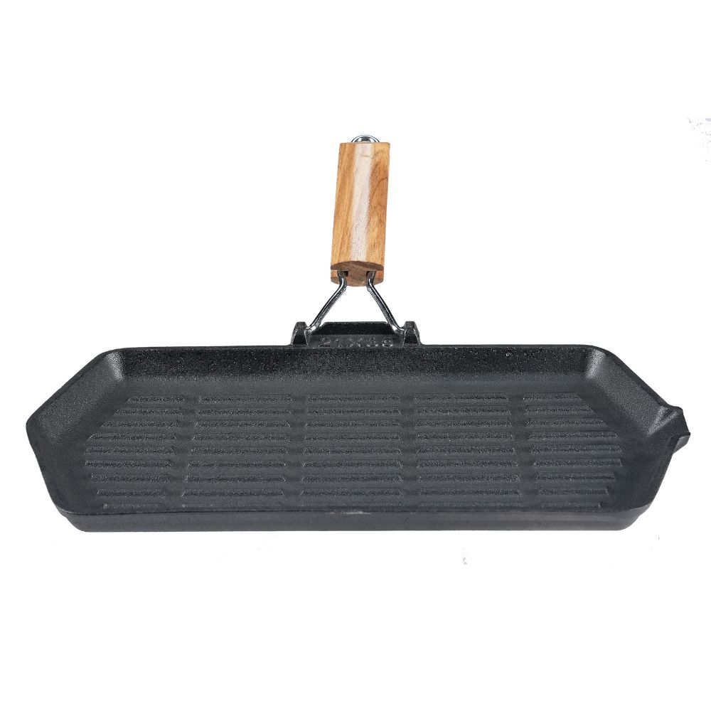 Poêle grill en fonte avec manche en bois pliable, 35x21 cm |  |  |