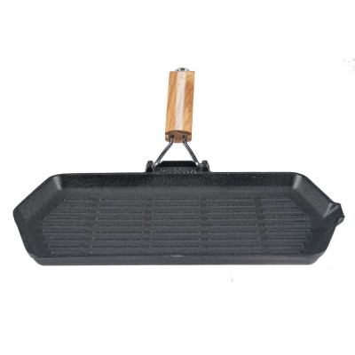 Poêle grill en fonte avec manche en bois pliable, 35x21 cm - Poêle grill en fonte