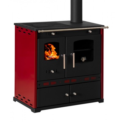 Poêles à bois cuisinière Prometey Perfect Eco Lux, sortie de fumée à droite, bordeaux, 7,5 kW - Poêles à bois avec four