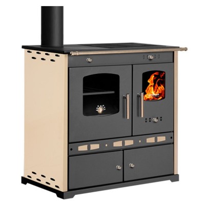 Poêles à bois cuisinière Prometey Perfect Eco Lux avec sortie de fumée à gauche, couleur ivoire, 7,5 kW - Poêles à bois avec four