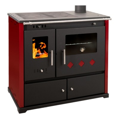 Wood cooker stove Prometey Perfect Practik Lux with right flue, burgundy, 9.5kW - Poêles à bois avec four
