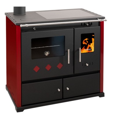 Poêles à bois cuisinière Prometey Perfect Praktik Lux avec plaque en céramique, sortie de fumée à gauche, bordeaux, 9,5 kW - Poêles à bois avec four