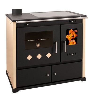 Poêles à bois Prometey Perfect Practik Lux avec plaque vitrocéramique, sortie de fumée à gauche, ivoire, 9,5 kW - Poêles à bois avec four