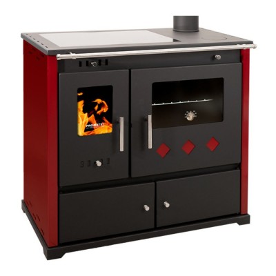 Poêles à bois cuisinière Prometey Perfect Praktik Lux avec plaque en céramique, sortie de fumée à droite, bordeaux, 9,5 kW - Poêles à bois avec four
