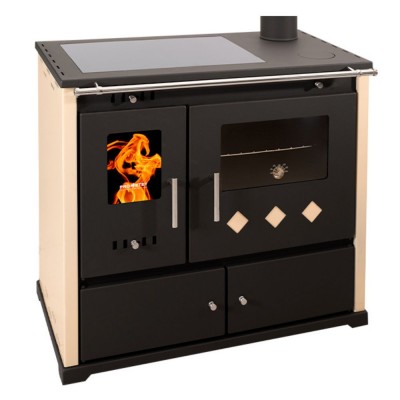 Poêles à bois Prometey Perfect Practik Lux avec plaque vitrocéramique, sortie de fumée à droite, ivoire, 9,5 kW - Poêles à bois avec four