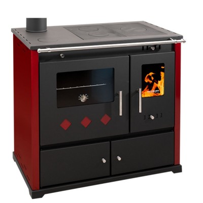 Poêles à bois cuisinière Prometey Perfect Praktik Lux, sortie de fumée à gauche, bordeaux, 9,5 kW - Poêles à bois avec four