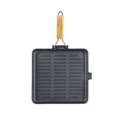 Poêle grill en fonte avec manche en bois pliable, 24 x 24 cm - Poêle grill en fonte