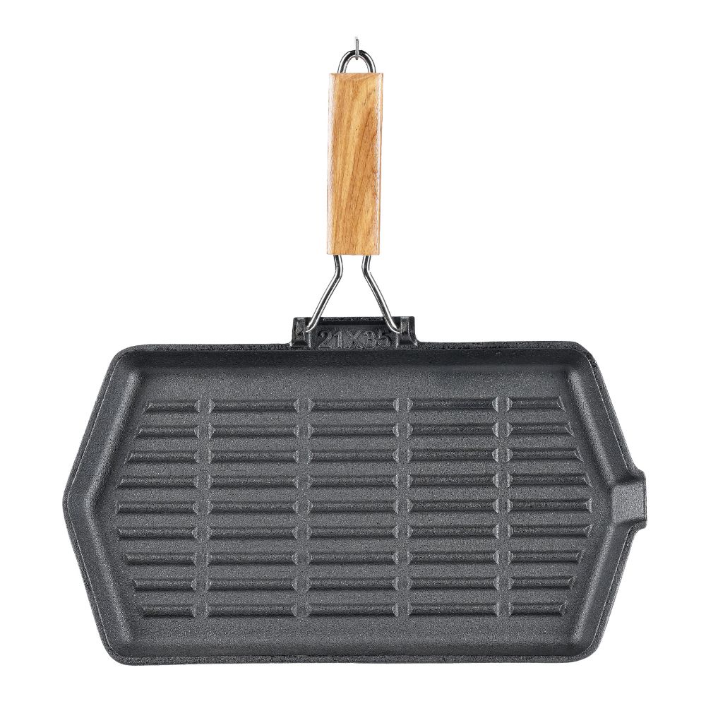 Poêle grill en fonte avec manche en bois pliable, 35x21 cm |  |  |