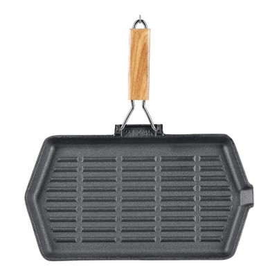 Poêle grill en fonte avec manche en bois pliable, 35x21 cm - Poêle grill en fonte