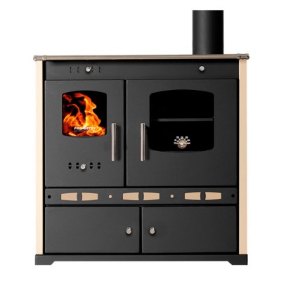 Poêle à bois cuisinière Prometey Perfect Eco Lux avec sortie de fumée à droite, couleur ivoire, 7,5 kW - Poêles à bois