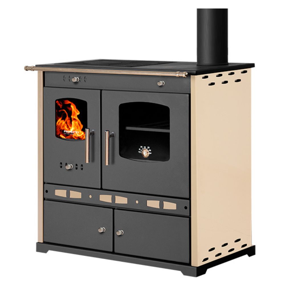 Poêle à bois cuisinière Prometey Perfect Eco Lux avec sortie de fumée à droite, couleur ivoire, 7,5 kW |  |  |