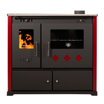 Poêles à bois cuisinière Prometey Perfect Praktik Lux avec plaque en céramique, sortie de fumée à droite, bordeaux, 9,5 kW - Poêles à bois avec four