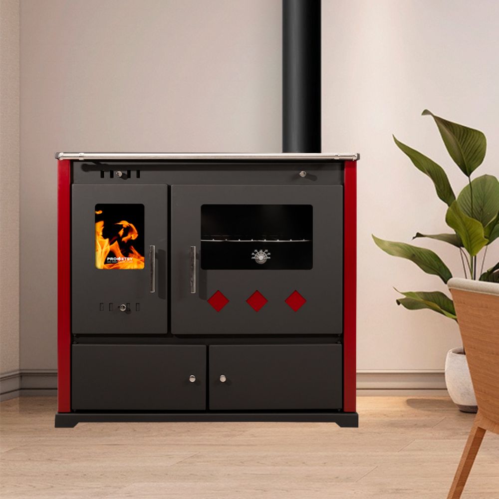 Poêles à bois cuisinière Prometey Perfect Praktik Lux avec plaque en céramique, sortie de fumée à droite, bordeaux, 9,5 kW |  |  |