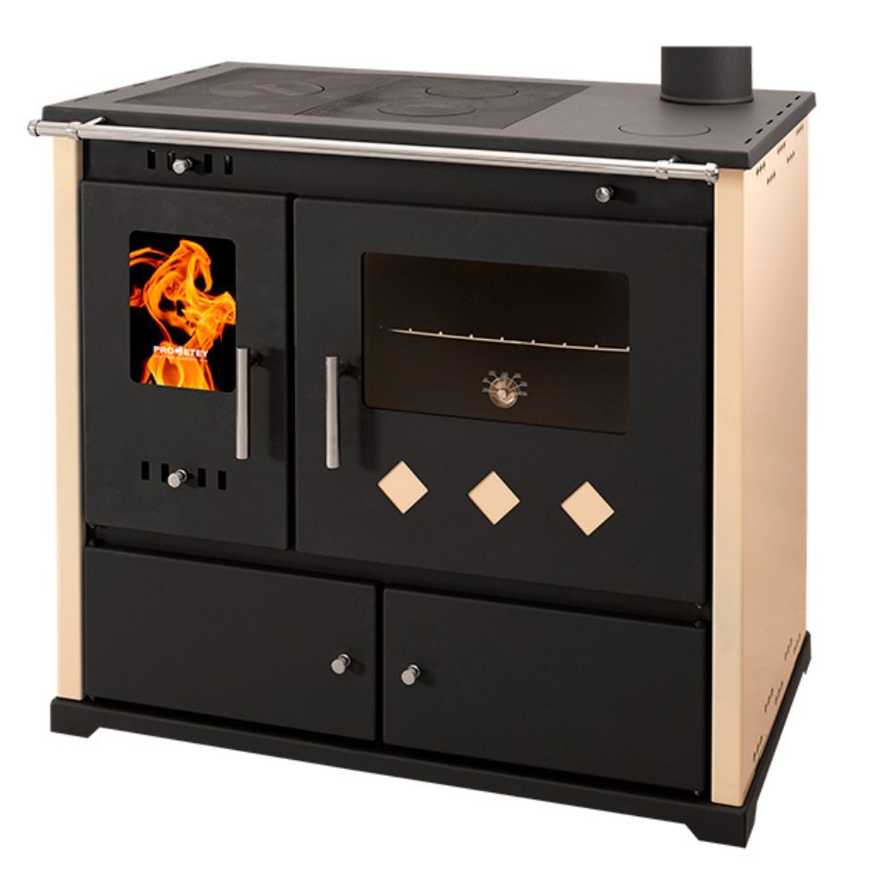 Poêles à bois cuisinière Prometey Perfect Praktik Lux, ivoire, sortie de fumée à droite, 9,5 kW |  |  |