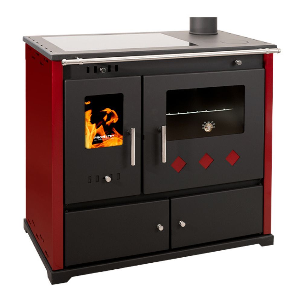 Poêles à bois cuisinière Prometey Perfect Praktik Lux avec plaque en céramique, sortie de fumée à droite, bordeaux, 9,5 kW |  |  |