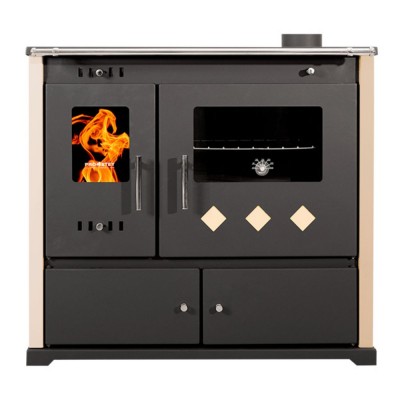 Poêles à bois Prometey Perfect Practik Lux avec plaque vitrocéramique, sortie de fumée à droite, ivoire, 9,5 kW - Poêles à bois avec four