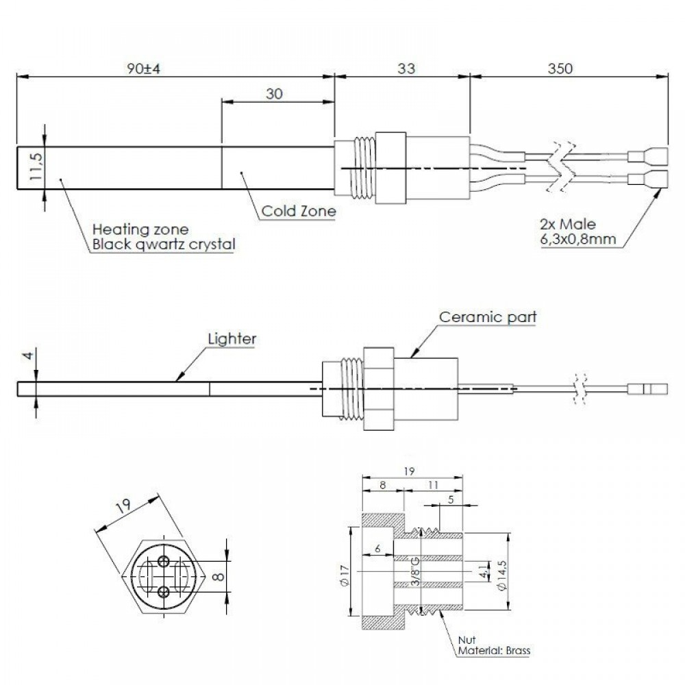 Bougie / Résistance avec cristal de quartz noir pour poêles à granulés, longueur totale 123 mm, 400W | Bougie | Pièces détachées pour poêles à granulés |