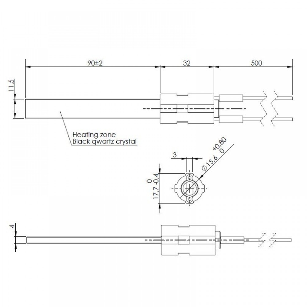 Bougie / Résistance avec cristal de quartz noir pour poêles à granulés, longueur totale 122 mm, 400W | Bougie | Pièces détachées pour poêles à granulés |