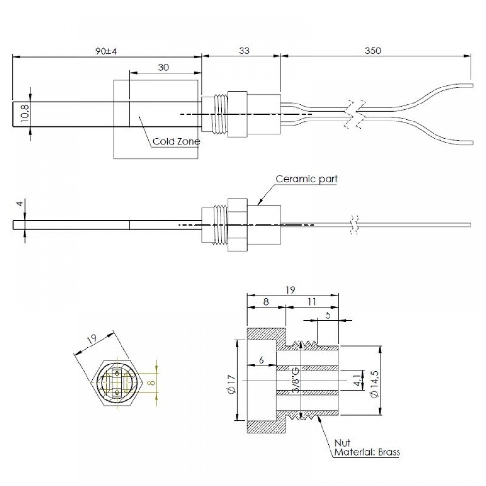 Bougie / Résistance basse tension pour poêle à granulés, longueur totale 123mm, 120W à 24V | Bougie | Pièces détachées pour poêles à granulés |