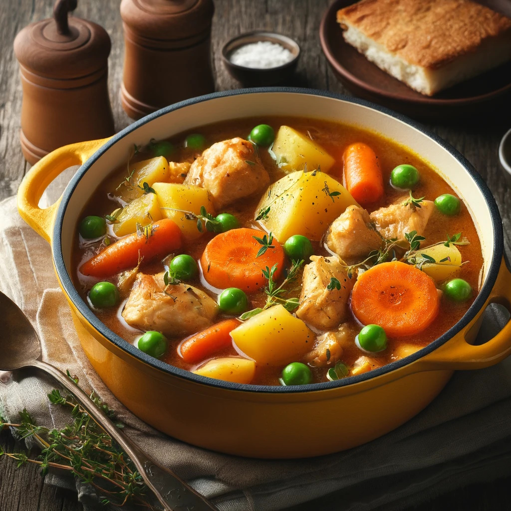 plat de ragoût de poulet au four en fonte émaillée jaune par Solagio